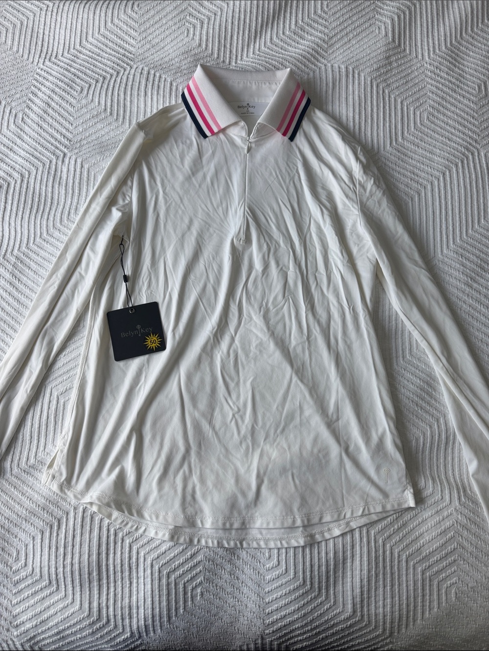 Belyn Key White Long-Sleeve Polo with Pink & Navy Stripe Collar